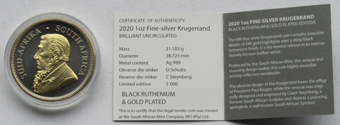  Südafrika: Silberunze Krügerrand 2020, Ruthenium/vergoldet   