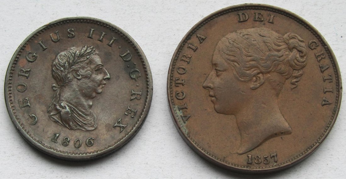  Vereinigtes Königreich: Half Penny 1806 + Penny 1857, Top-Erhaltung   