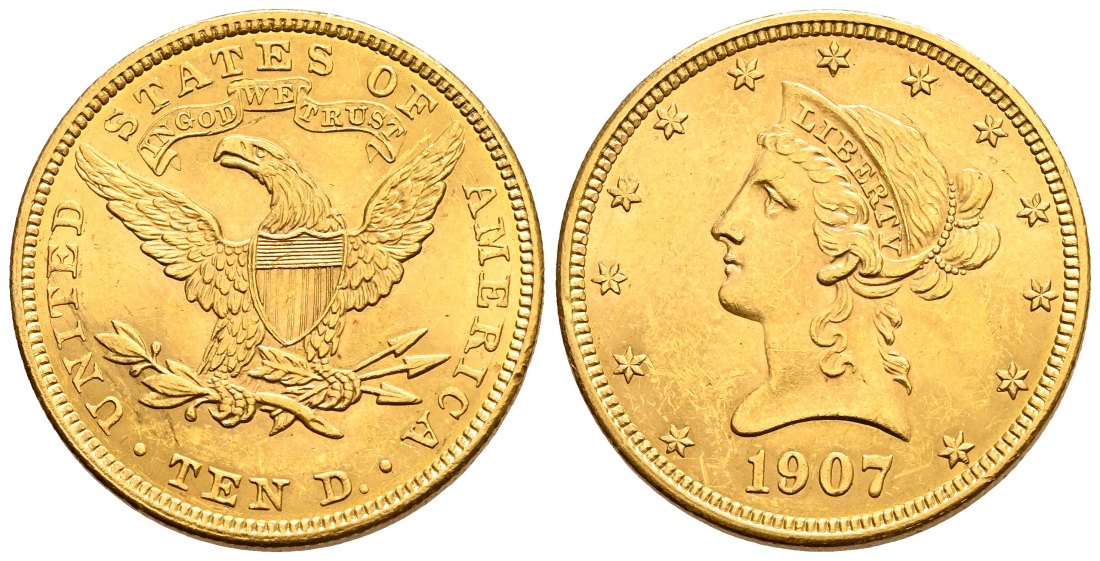 PEUS 2437 USA 15,05 g Feingold. Coronet Head 10 Dollars GOLD 1907 Sehr schön / Vorzüglich