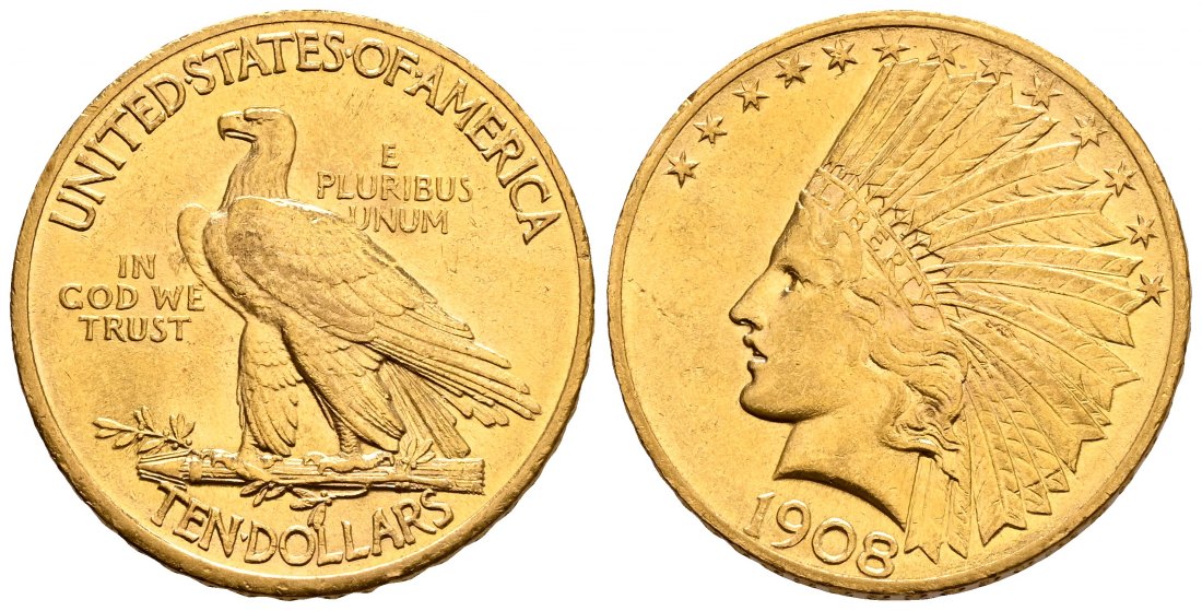 PEUS 2440 USA 15,05 g Feingold. Coronet Head 10 Dollars GOLD 1908 Sehr schön / Vorzüglich