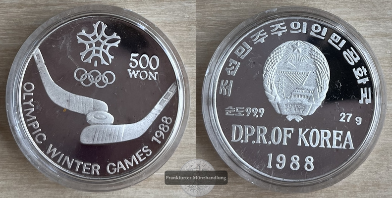  Süd-Korea 500 Won 1988 Olympische Winterspiele Eishockey FM-Frankfurt  Feinsilber:   