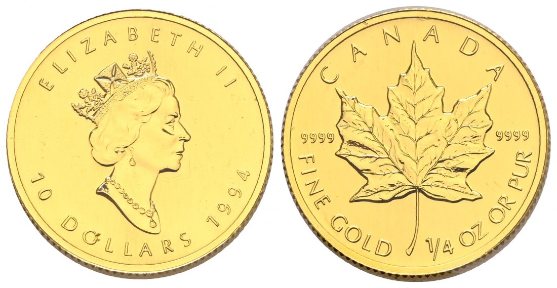 PEUS 2444 Kanada 7,78 g Feingold. Maple Leaf 10 Dollars GOLD 1/4 Unze 1994 Uncirculated (eingeschweißt)