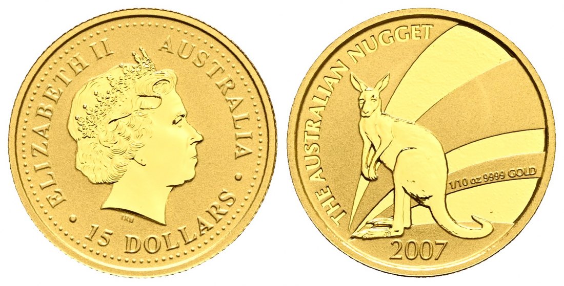 PEUS 2445 Australien 3,11 g Feingold. Känguru vor Streifen 15 Dollars GOLD 1/10 Unze 2007 Uncirculated (Kapsel)