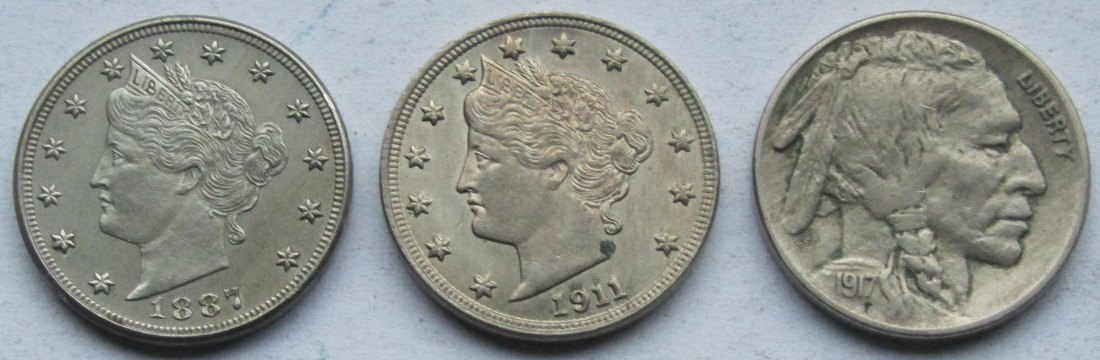  USA Vereinigte Staaten: 3 x 5 Cent (1887 + 1911 + 1917) in Top-Erhaltung   