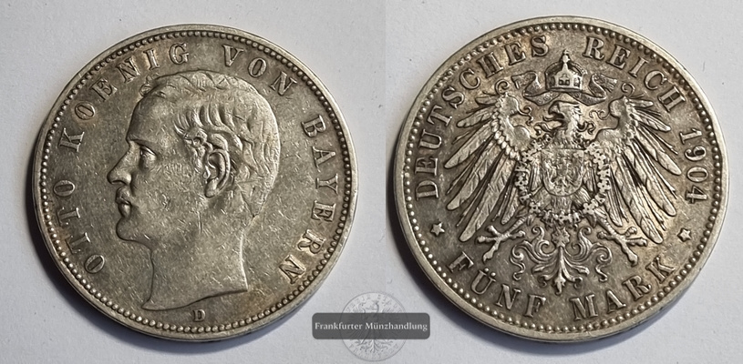  Deutsches Kaiserreich, Bayern.  5 Mark 1904 D   FM-Frankfurt  Feinsilber: 25g   