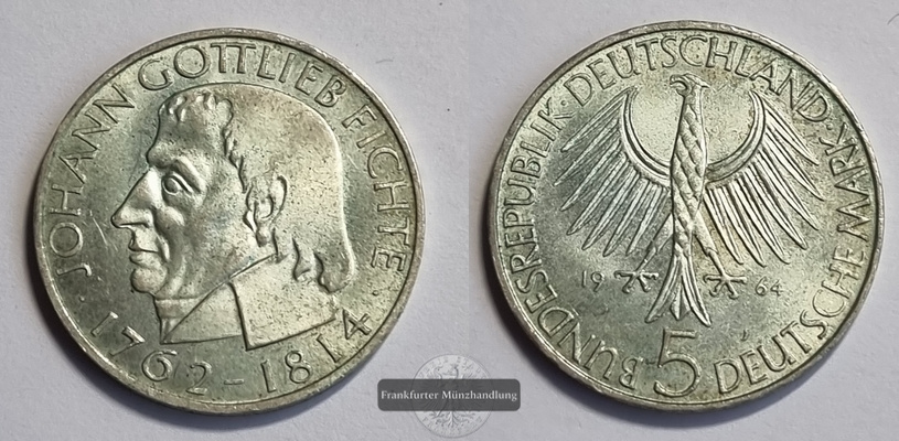  Deutschland 5 Mark 1964 Johann Gottlieb Fichte J#393 FM-Frankfurt Feinsilber: 7g   