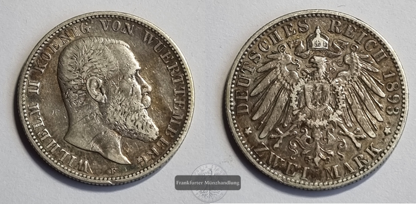  Württemberg, Kaiserreich 2 Mark  1893 F  FM-Frankfurt/M Feingewicht: 10g Silber   