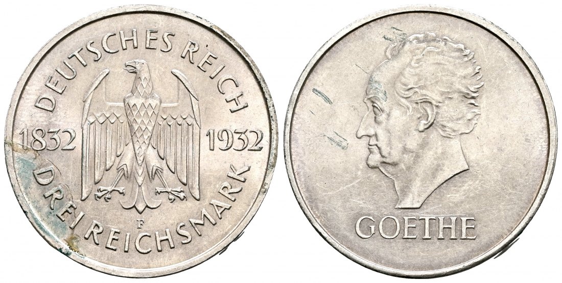 PEUS 2454 Weimarer Republik 100. Todestag Goethes 3 Reichsmark 1932 F Sehr schön +