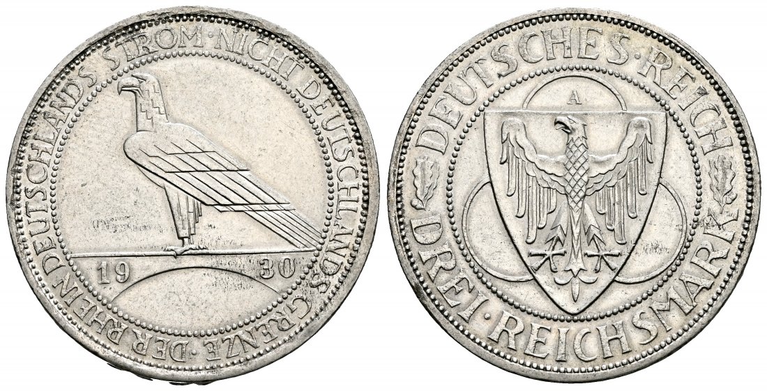 PEUS 2456 Weimarer Republik Zur Rheinland-Räumung 3 Reichsmark 1930 A Kl. Randfehler, Sehr schön