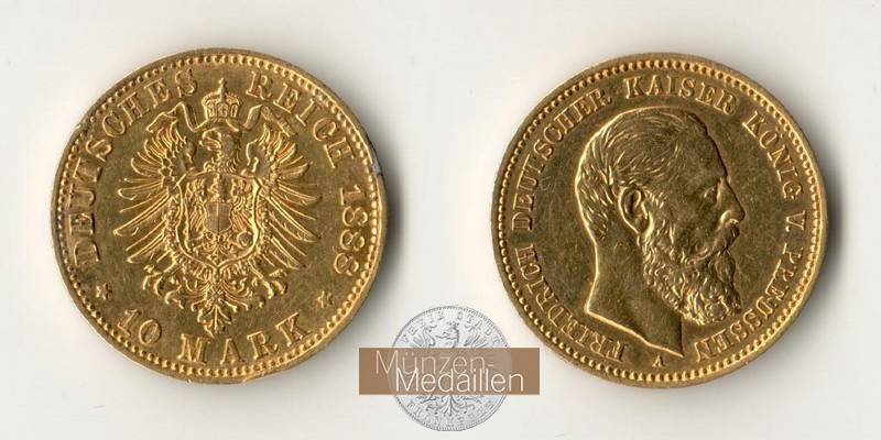 Dt. Kaiserreich. Preußen, Friedrich III. MM-Frankfurt Feingold: 3,58g 10 Mark 1888 A 