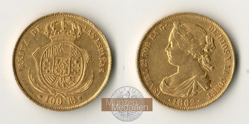 Spanien MM-Frankfurt Feingold: 7,50g 100 Reales 1862 