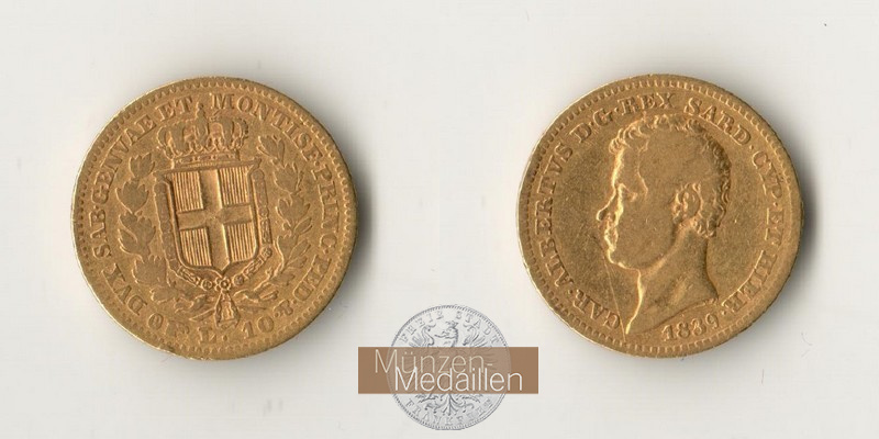 Sardinien MM-Frankfurt Feingold: 5,81g 10 Lire 1839 