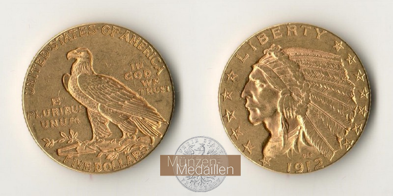 USA. 5 Dollar MM-Frankfurt Feingold: 7,52g Half Eagle - Indian Head 1912 