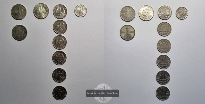  Deutsches Reich 1933-1937, 50 Reichspfennig, 6 x 1 Reichsmark , 3 x 2 Reichsmark Lot FM-Frankfurt   