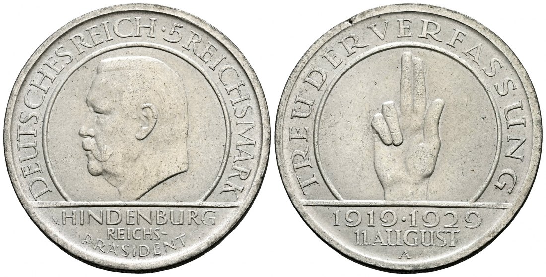 PEUS 2460 Weimarer Republik Verfassung / Hindenburg 5 Reichsmark 1929 A Sehr schön