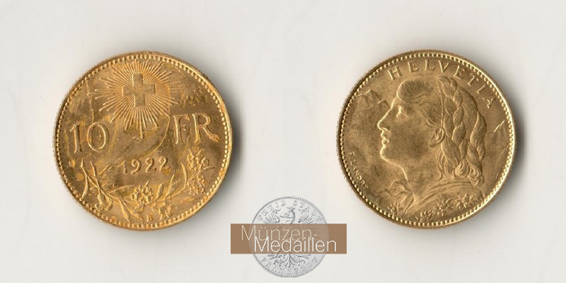 Schweiz  10 sFR MM-Frankfurt Feingold: 2,90g 1/2 Vreneli 1922 B 