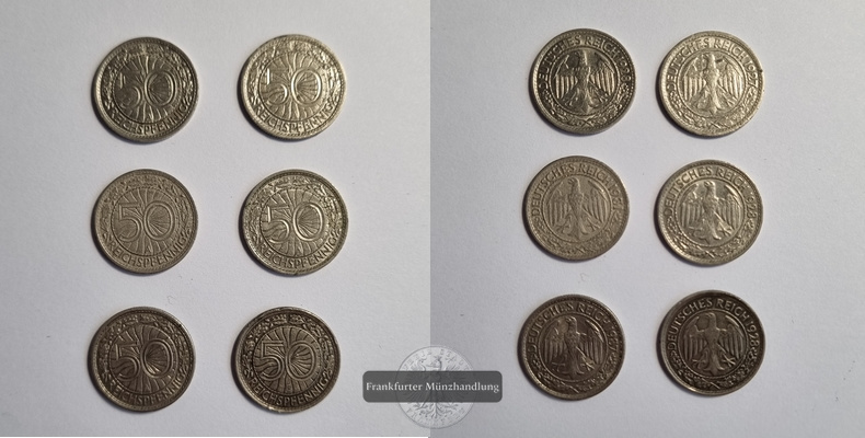  Deutschland, Weimarer Republik 1927 - 1937. 6 x 50 Pfennig Lot FM-Frankfurt   