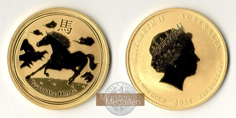 Australien  100 Dollar MM-Frankfurt Feingold: 31,1g Jahr des Pferdes Lunar II 2014 