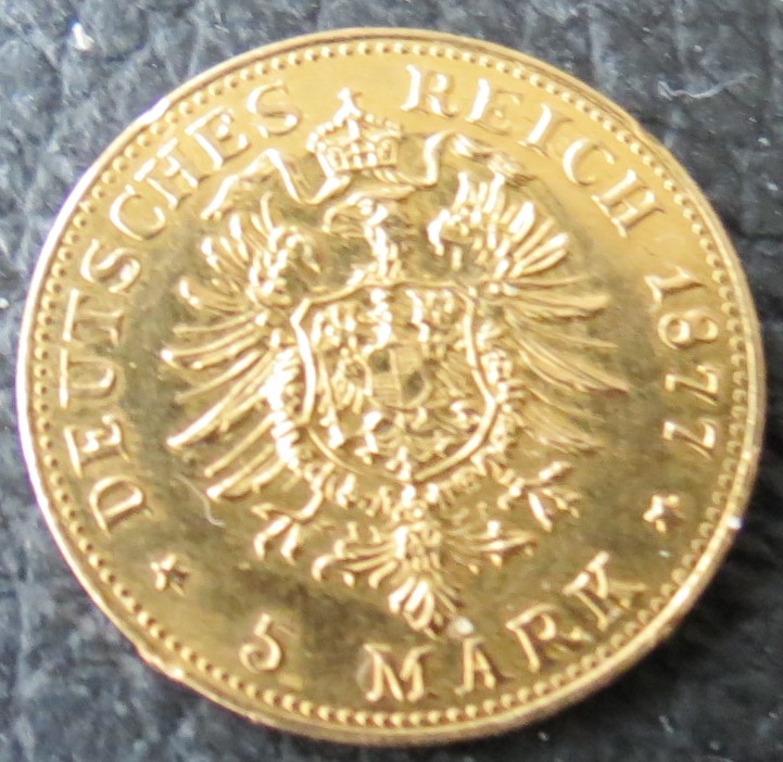  Deutsches Reich 5 Mark Preussen Wilhelm I. 1877; 900er Gold,1,79 Gramm Feingold,sehr schön   