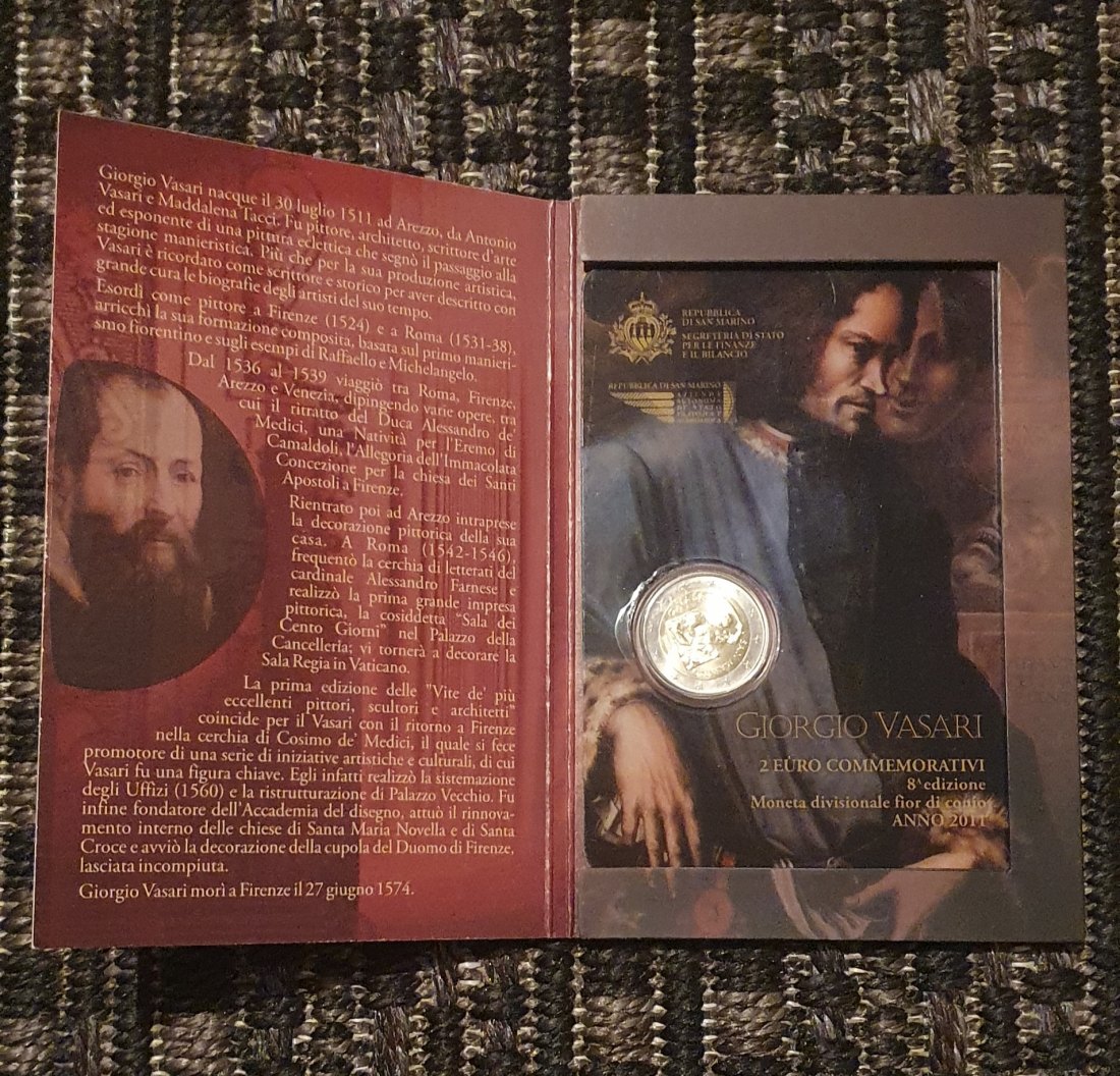  San Marino 2011, 2 € Gedenkmünze Giorgio Vasari in Blisterkarte und Originalfolder!   