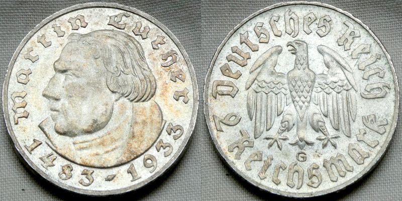  Drittes Reich 2 Mark 1933 G Luther in VZ+ - Erhaltung !!   