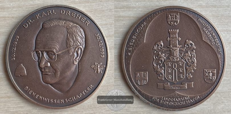  Deutschland Medaille Dr. Karl Dreher Bienenwissenschaftler Marburg  FM-Frankfurt     Feinsilber   