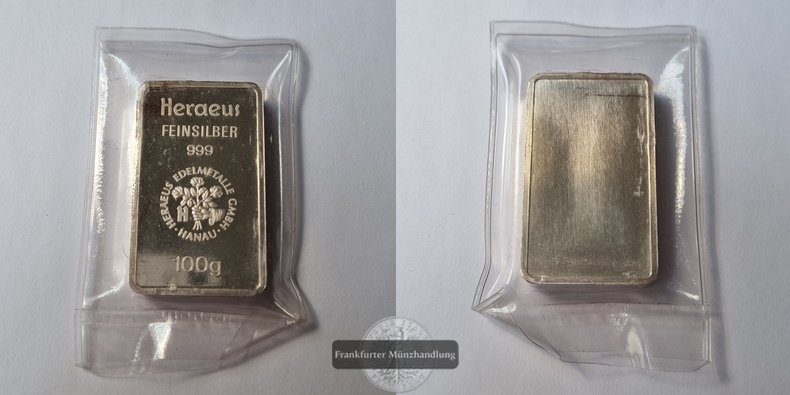  Deutschland. Silberbarren 100g Heraeus  FM-Frankfurt   Feinsilber: 100g   