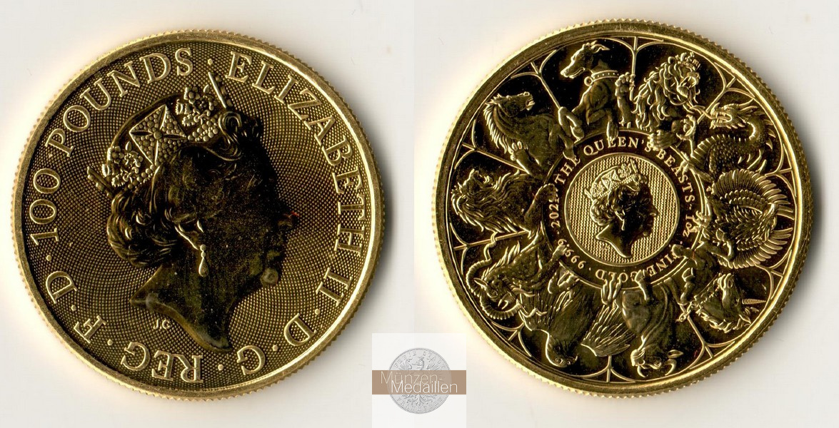 Grossbritannien, Elisabeth II. 1952-2022 MM-Frankfurt Feingold: 31,1g 100 Pounds Queen's Beasts 2021 Completer 