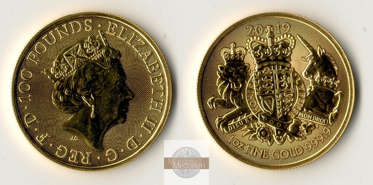 Grossbritannien, Elisabeth II. 1952-2022 MM-Frankfurt Feingold: 31,1g 100 Pounds Royal Coat of Arms 2019 