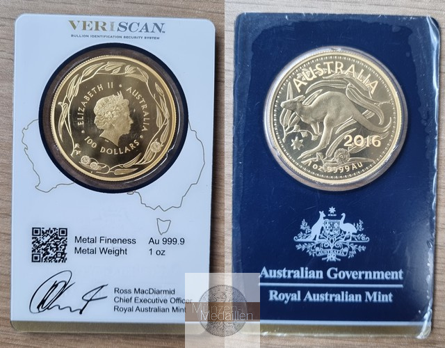 Australien MM-Frankfurt Feingewicht: 31,10g 100 Dollar Känguru 2016 