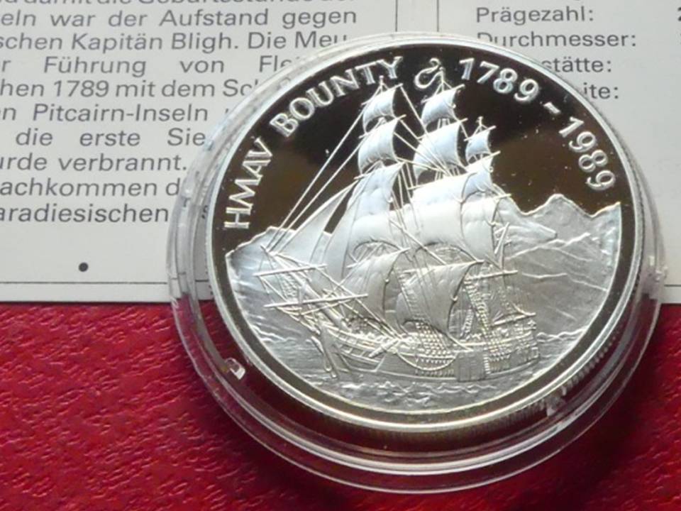  Silbermünze Pitcairn Islands 1 Dollar 1989 „Segelschiff Bounty“   