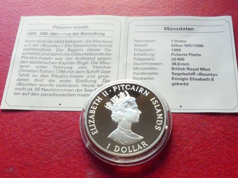  Silbermünze Pitcairn Islands 1 Dollar 1989 „Segelschiff Bounty“   