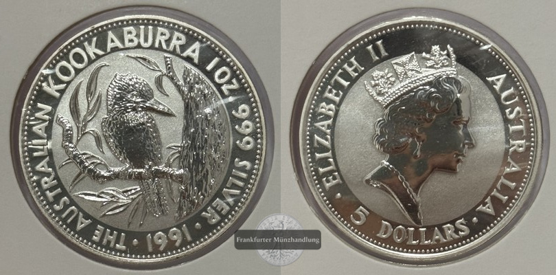  Australien - 5 Dollar 1991  Kookaburra  FM-Frankfurt  Feinsilber: 31,1g   