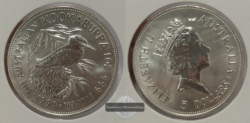  Australien - 5 Dollar 1990  Kookaburra  FM-Frankfurt  Feinsilber: 31,1g   