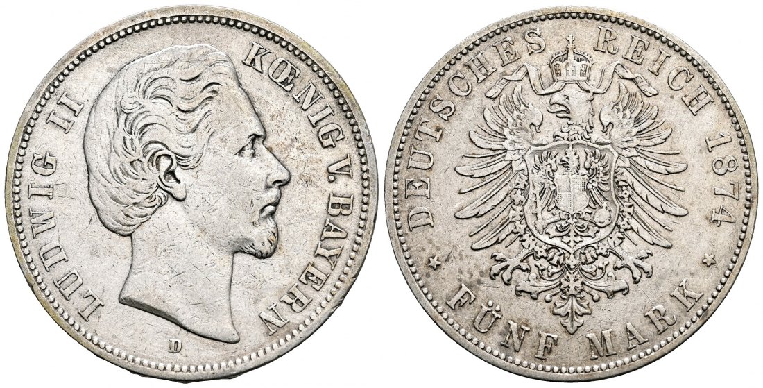 PEUS 2475 Bayern Ludwig II. (1864 -1886) 5 Mark 1874 D München Sehr schön