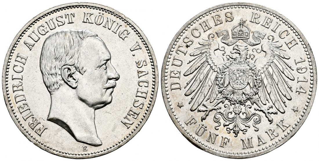 PEUS 2478 Kaiserreich - Sachsen Friedrich August III. (1904 - 1918) 5 Mark 1914 E Vorzüglich