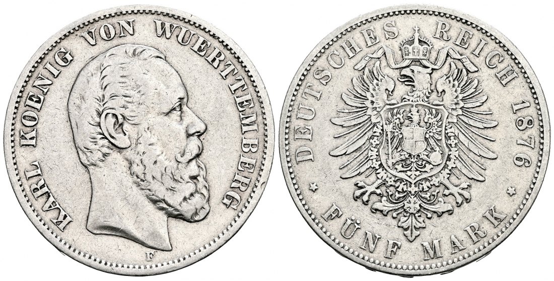 PEUS 2482 Württemberg - Kaiserreich Karl (1864-1891) 5 Mark 1876 F Sehr schön