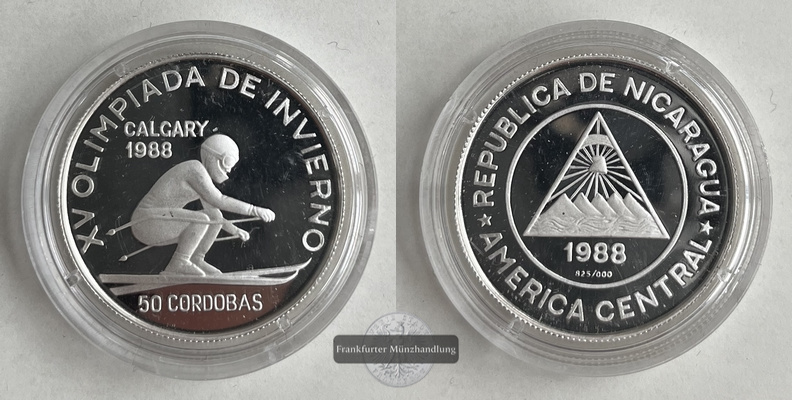  Nicaragua  50 Cordobas  1988 - XV. Olympische Winterspiele FM-Frankfurt  Feinsilber: 13,70g   