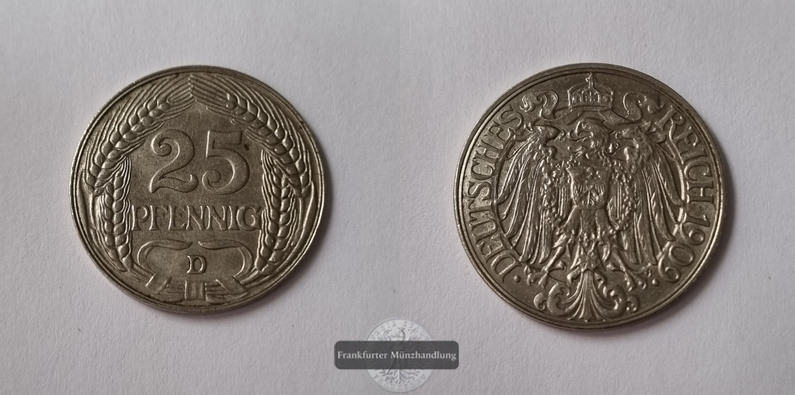  Kaiserreich  25 Pfennig   1909 D    FM-Frankfurt   