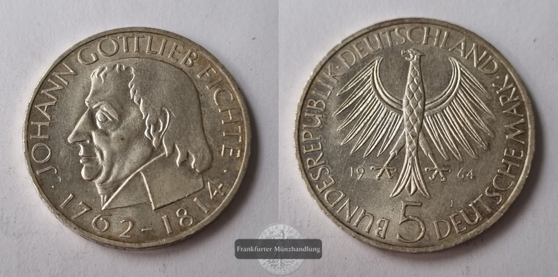  Deutschland 5 Mark 1964 Johann Gottlieb Fichte J#393 FM-Frankfurt Feinsilber: 7g   