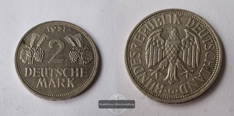  Deutschland, BRD 2 DM 1951 - Karlsruhe [G]  FM-Frankfurt  Kupfer/Nickel   