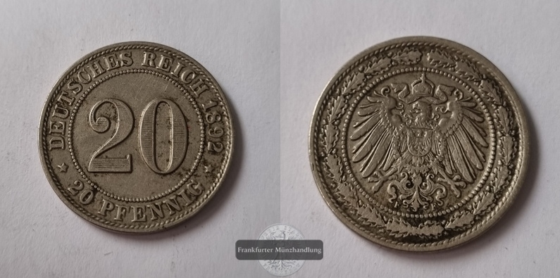  Deutsches Kaiserreich  20 Pfennig 1892 [F]   FM-Frankfurt  Kupfer/Nickel   