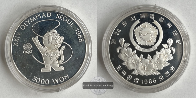  Süd-Korea 5000 Won  1986  Olympics Seoul 1988 Maskottchen KM#54 FM-Frankfurt  Feinsilber: 15,55g   