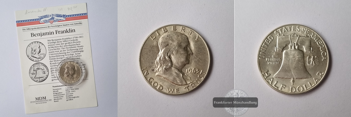  USA   Half Dollar 1963   Benjamin Franklin    FM-Frankfurt     Feinsilber: 11,25g   