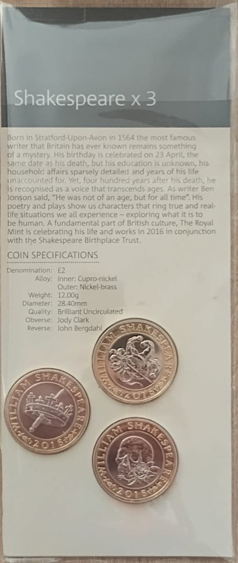  *The Shakespeare Histories 2016 UK £2 Brilliant Uncirculated Three Coin Collection* org. Royal Mint   