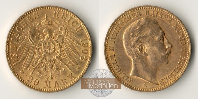 Preussen, Kaiserreich  20 Mark MM-Frankfurt Feingold: 7,17g Wilhelm II.  1888-1918 1902 A 