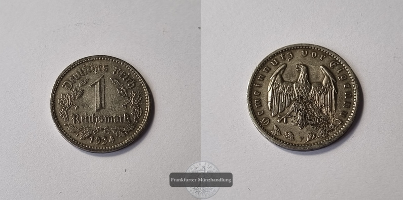  Deutschland, Drittes Reich 1 Reichsmark 1934 F Stuttgart FM-Frankfurt   