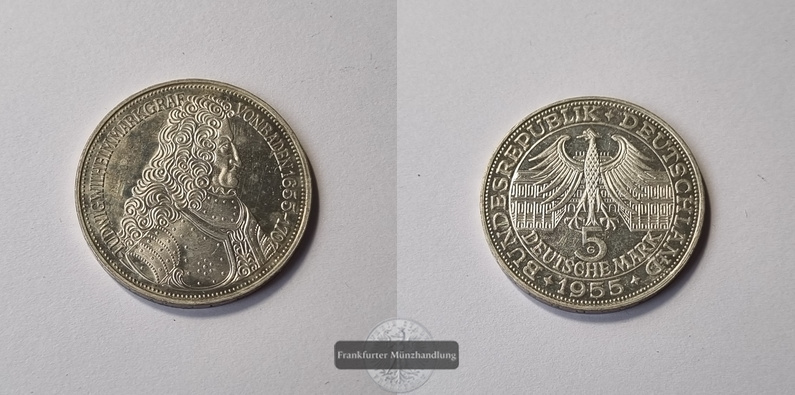  Deutschland 5 Deutsche Mark 1955 Markgraf von Baden FM-Frankfurt Feinsilber: 7g   