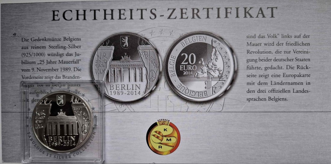  Belgien 20 Euro 2014 Berlin Mauerfall Silber   