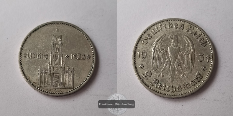  Deutschland, Drittes Reich 2 Reichsmark  1934 A  FM-Frankfurt  Feingewicht: 5g Silber   